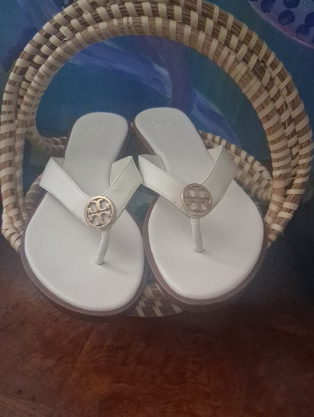 Tory Burch White Thong Sandals with Gold Logo